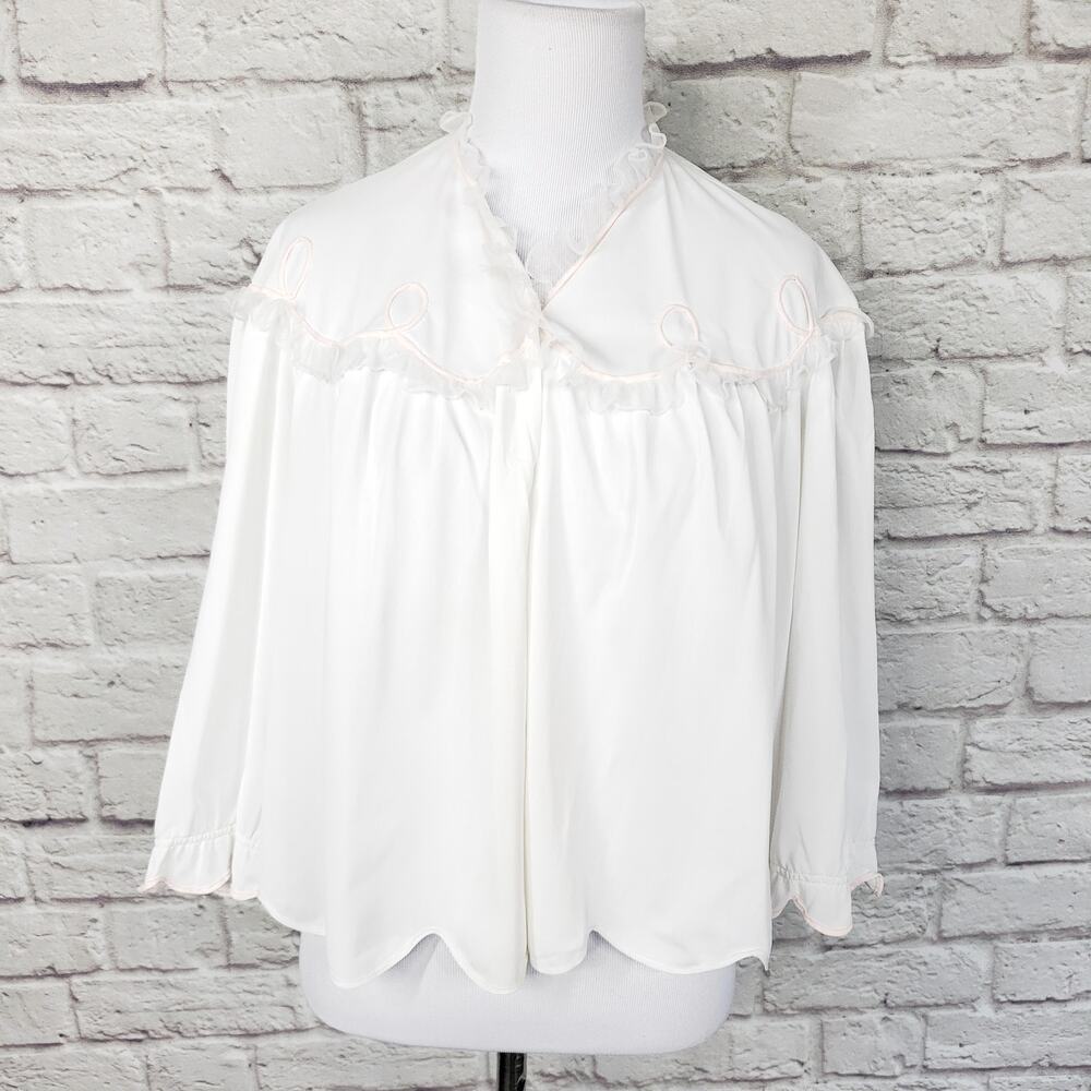 Vintage Vanity Fair Tie Front Lingerie Top Lace Yoke Pink Piping Nylon Sz M